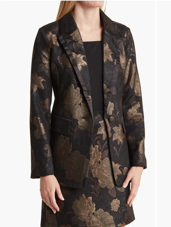 Avec Les Filles Jackets & Blazers - Avec Les Filles Black Blazer with Gold Floral Brocade